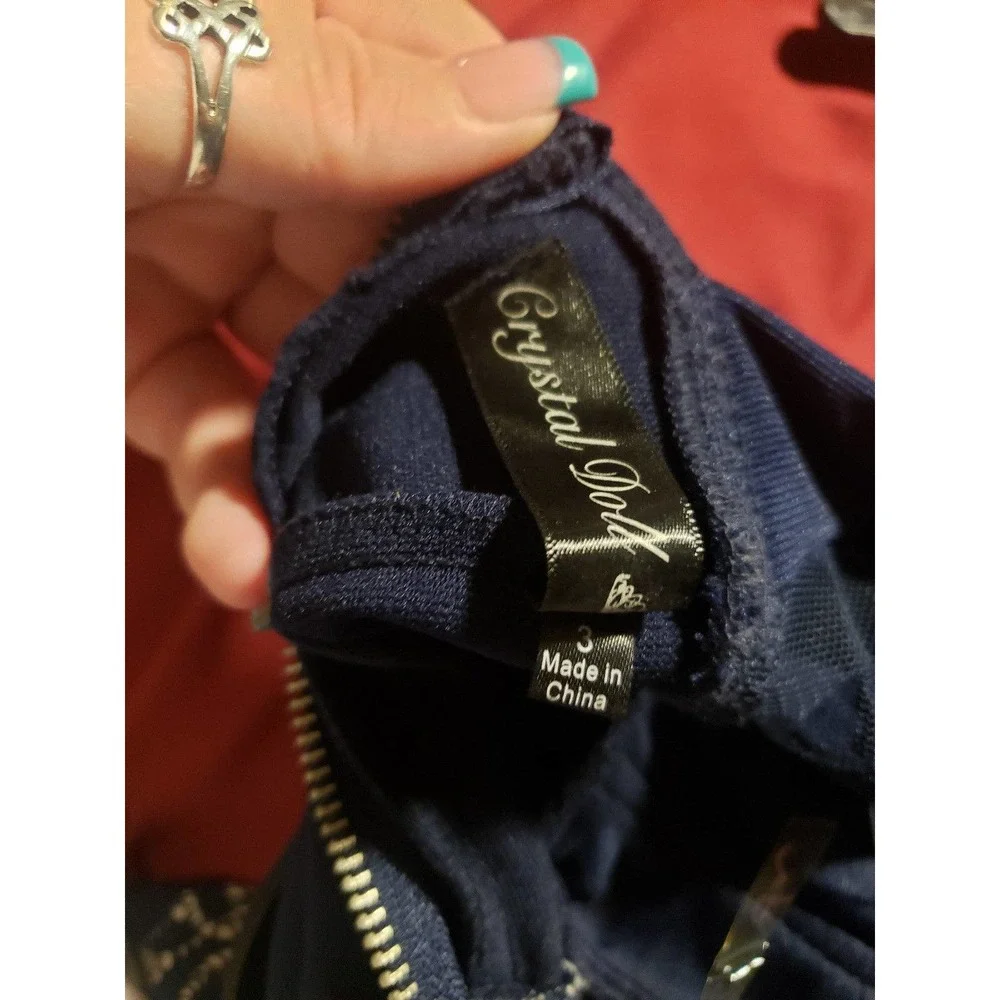 Like New Navy Blue above knee cocktail dress size 3 by Crystal Doll - Picture 6 of 6